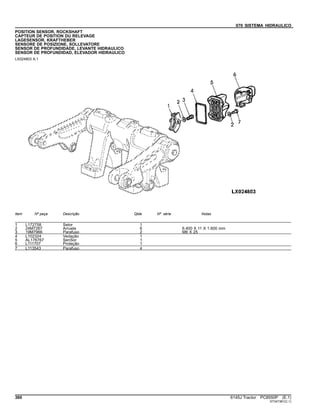 070 SISTEMA HIDRAULICO
POSITION SENSOR, ROCKSHAFT
CAPTEUR DE POSITION DU RELEVAGE
LAGESENSOR, KRAFTHEBER
SENSORE DE POSIZIONE, SOLLEVATORE
SENSOR DE PROFUNDIDADE, LEVANTE HIDRAULICO
SENSOR DE PROFUNDIDAD, ELEVADOR HIDRAULICO
LX024803 A.1
Item Nº peça Descrição Qtde Nº série Notas
1 L172758 Setor 1
2 24M7267 Arruela 6 6.400 X 11 X 1.600 mm
3 19M7966 Parafuso 2 M6 X 25
4 L102324 Vedação 1
5 AL176767 SenSor 1
6 L111707 Proteção 1
7 L113543 Parafuso 4
360 6145J Tractor PC8550P (E.1)
ST347381(C.1)
 