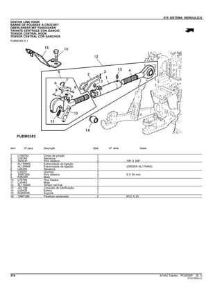 070 SISTEMA HIDRAULICO
CENTER LINK HOOK
BARRE DE POUSSEE A CROCHET
OBERLENKER MIT FANGHAKEN
TIRANTE CENTRALE CON GANCIO
TENSOR CENTRAL HOOK
TENSOR CENTRAL CON GANCHOS
PUBM0383 A.1
Item Nº peça Descrição Qtde Nº série Notas
1 L156782 Corpo de junção 1
2 L56746 Alavanca 1
3 34H241 Pino elástico 2 1/8" X 3/8"
4 AL159962 Extremidade da ligação 1
5 AL159964 Extremidade da ligação 1 (ORDER AL176465)
6 L64295 Alavanca 1
7 L35037 Grampo 1
8 34M7269 Pino elástico 3 6 X 30 mm
9 F2823R Mola 1
10 L78798 Pino fixador 1
11 L35443 Mola 1
12 AL176465 Tensor cenTral 1
13 JD7798 Conexão de lubrificação 2
14 L35438 Esfera 1
15 DQ65036 Suporte 1
16 19M7386 Parafuso sextavado 2 M12 X 20
374 6145J Tractor PC8550P (E.1)
ST347390(A.2)
 