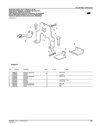 070 SISTEMA HIDRAULICO
MOUNTING PARTS, INLET PRIORITY VALVE
SOUPAPE DE PRIORITE - ELEMENTS DE FIXATION
ANBAUTEILE, PRIORITAETSVENTIL
PARTI MONTAGGIO VALVOLA DI PRIORITA` IN INGRESSO
PECAS PARA MONTAGEM DA VALVULA PRIORITARIA
PIEZAS DE MONTAJE PARA VALVULA DE PRIORIDAD
PUBM1529 A.1
Item Nº peça Descrição Qtde Nº série Notas
1 19M8035 Parafuso sextavado 1 M16 X 35
2 CQ65022 Suporte AR
CQ57599 Suporte 1 (4VCR)
3 19M7950 Parafuso sextavado 1 M20 X 45
4 CQ55960 Proteção 1
5 DQ65036 Suporte 1
6 24M7240 Arruela 3 13 X 25 X 3 mm
7 19M7988 Parafuso 3 M12 X 30
8 CQ27817 Proteção 1
9 19M7288 Parafuso sextavado 4 M8 X 30
10 12M7065 Arruela de pressão 4 8 mm
11 14M7029 Porca 4 M8
PC8550P (E.1) 6145J Tractor 379
ST347393(A.2)
 