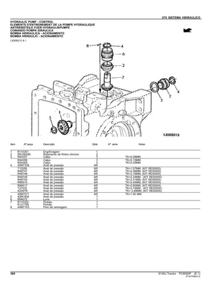 070 SISTEMA HIDRAULICO
HYDRAULIC PUMP - CONTROL
ELEMENTS D'ENTREINEMENT DE LA POMPE HYDRAULIQUE
ANTRIEBSTEILE FUER HYDRAULIKPUMPE
COMANDO POMPA IDRAULICA
BOMBA HIDRAULICA - ACIONAMENTO
BOMBA HIDRAULIC - ACIONAMIENTO
LX009313 A.1
Item Nº peça Descrição Qtde Nº série Notas
1 R115351 EngrEnagem 1
2 RE206285 Rolamento de Rolos cônicos 2
3 R44357 Calço 3 TK=0.08MM
R44358 Calço 3 TK=0.13MM
R44359 Calço 3 TK=0.25MM
4 40M7339 Anel de pressão AR
T15258 Anel de pressão AR TK=1.57MM, (KIT RE50005)
R48747 Anel de pressão AR TK=2.08MM, (KIT RE50005)
R48748 Anel de pressão AR TK=2.16MM, (KIT RE50005)
R48749 Anel de pressão AR TK=2.24MM , (KIT RE50005)
R48750 Anel de pressão AR TK=2.31MM, (KIT RE50005)
R96515 Anel de pressão AR TK=2.45MM, (KIT RE50005)
R96517 Anel de pressão AR TK=2.60MM, (KIT RE50005)
T27432 Anel de pressão AR TK=2.74MM , (KIT RE50005)
A2597R Anel de pressão AR TK= 2.89MM, (KIT RE50005)
40M7071 Anel de pressão AR TK=1.50 MM
5 40M1854 Anel de pressão 1
6 R94072 Luva 1
7 R115352 Pinhão 1
R121795 Pinhão 1
8 44M7103 Pino de centragem 1
384 6145J Tractor PC8550P (E.1)
ST347396(A.2)
 