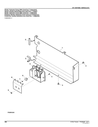 070 SISTEMA HIDRAULICO
Shield, Hydraulic Pump (With AutoTrac™ Integrated)
Garant, pompe hydraulique (avec AutoTrac™ intégré)
Shield, Hydraulic Pump (With AutoTrac™ Integrated)
Shield, Hydraulic Pump (With AutoTrac™ Integrated)
Proteção, Bomba Hidráulica (Com AutoTrac™ Integrado)
Protección, bomba hidráulica (con AutoTrac™ integrado)
PUBM3266 A.1
386 6145J Tractor PC8550P (E.1)
ST751227(B.1)
 