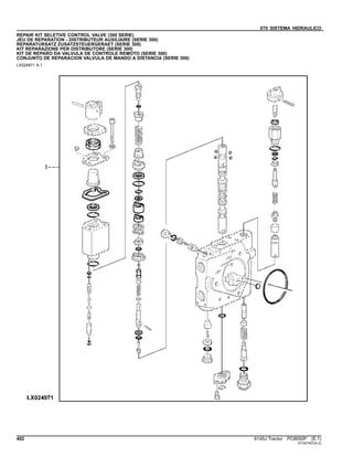 070 SISTEMA HIDRAULICO
REPAIR KIT SELETIVE CONTROL VALVE (300 SERIE)
JEU DE REPARATION - DISTRIBUTEUR AUXILIAIRE (SERIE 300)
REPARATURSATZ ZUSATZSTEUERGERAET (SERIE 300)
KIT REPARAZIONE PER DISTRIBUTORE (SERIE 300)
KIT DE REPARO DA VALVULA DE CONTROLE REMOTO (SERIE 300)
CONJUNTO DE REPARACION VALVULA DE MANDO A DISTANCIA (SERIE 300)
LX024971 A.1
402 6145J Tractor PC8550P (E.1)
ST347407(A.2)
 