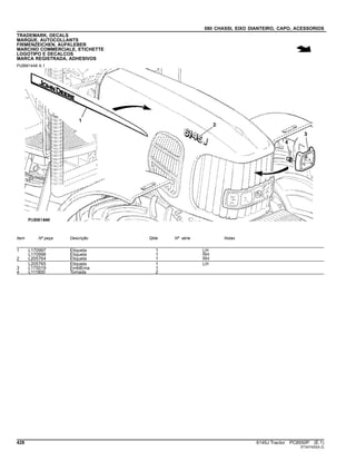 080 CHASSI, EIXO DIANTEIRO, CAPO, ACESSORIOS
TRADEMARK, DECALS
MARQUE, AUTOCOLLANTS
FIRMENZEICHEN, AUFKLEBER
MARCHIO COMMERCIALE, ETICHETTE
LOGOTIPO E DECALCOS
MARCA REGISTRADA, ADHESIVOS
PUBM1448 A.1
Item Nº peça Descrição Qtde Nº série Notas
1 L170997 Etiqueta 1 LH
L170998 Etiqueta 1 RH
2 L205764 Etiqueta 1 RH
L205765 Etiqueta 1 LH
3 L175019 EmblEma 1
4 L111800 Tomada 2
428 6145J Tractor PC8550P (E.1)
ST347420(A.2)
 