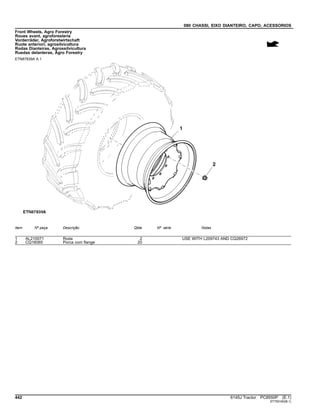 080 CHASSI, EIXO DIANTEIRO, CAPO, ACESSORIOS
Front Wheels, Agro Forestry
Roues avant, agroforesterie
Vorderräder, Agroforstwirtschaft
Ruote anteriori, agrosilvicoltura
Rodas Dianteiras, Agrossilvicultura
Ruedas delanteras, Agro Forestry
ETN87839A A.1
Item Nº peça Descrição Qtde Nº série Notas
1 AL210071 Roda 2 USE WITH L209743 AND CQ26972
2 CQ16065 Porca com flange 20
442 6145J Tractor PC8550P (E.1)
ST759160(B.1)
 