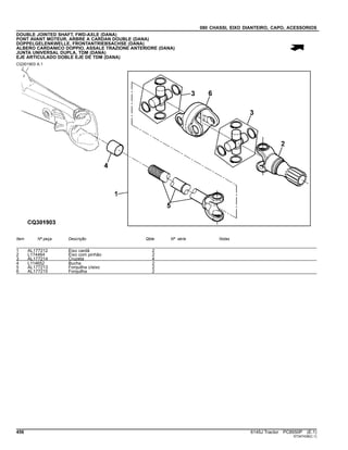 080 CHASSI, EIXO DIANTEIRO, CAPO, ACESSORIOS
DOUBLE JOINTED SHAFT, FWD-AXLE (DANA)
PONT AVANT MOTEUR, ARBRE A CARDAN DOUBLE (DANA)
DOPPELGELENKWELLE, FRONTANTRIEBSACHSE (DANA)
ALBERO CARDANICO DOPPIO, ASSALE TRAZIONE ANTERIORE (DANA)
JUNTA UNIVERSAL DUPLA, TDM (DANA)
EJE ARTICULADO DOBLE EJE DE TDM (DANA)
CQ301903 A.1
Item Nº peça Descrição Qtde Nº série Notas
1 AL177212 Eixo cardã 2
2 L174464 Eixo com pinhão 2
3 AL177214 Cruzeta 4
4 L114652 Bucha 2
5 AL177213 Forquilha c/eixo 2
6 AL177215 Forquilha 2
456 6145J Tractor PC8550P (E.1)
ST347438(C.1)
 
