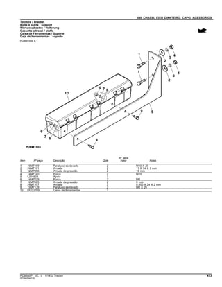 080 CHASSI, EIXO DIANTEIRO, CAPO, ACESSORIOS
Toolbox / Bracket
Boîte à outils / support
Werkzeugkasten / Halterung
Cassetta attrezzi / staffa
Caixa de Ferramentas / Suporte
Caja de herramientas / soporte
PUBM1559 A.1
Item Nº peça Descrição Qtde
Nº série
trator Notas
1 19M7169 Parafuso sextavado 2 M10 X 35
2 24M7101 Arruela 2 11 X 34 X 3 mm
3 12M7066 Arruela de pressão 2 10 mm
4 14M7140 Porca 2 M10
5 L204605 Apoio 1
6 14M7029 Porca 2 M8
7 12M7065 Arruela de pressão 2 8 mm
8 24M7207 Arruela 2 8.400 X 24 X 2 mm
9 19M7139 Parafuso sextavado 2 M8 X 20
10 DQ33769 Caixa de ferramentas 1
PC8550P (E.1) 6145J Tractor 473
ST294234(D.2)
 