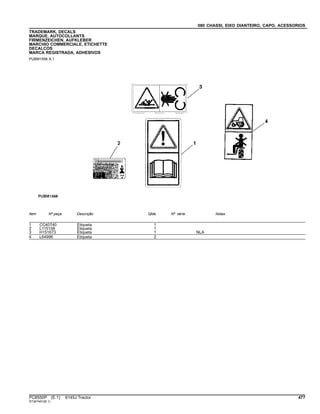 080 CHASSI, EIXO DIANTEIRO, CAPO, ACESSORIOS
TRADEMARK, DECALS
MARQUE, AUTOCOLLANTS
FIRMENZEICHEN, AUFKLEBER
MARCHIO COMMERCIALE, ETICHETTE
DECALCOS
MARCA REGISTRADA, ADHESIVOS
PUBM1556 A.1
Item Nº peça Descrição Qtde Nº série Notas
1 CC40740 Etiqueta 1
2 L115158 Etiqueta 1
3 H151673 Etiqueta 1 NLA
4 L64996 Etiqueta 2
PC8550P (E.1) 6145J Tractor 477
ST347451(B.1)
 