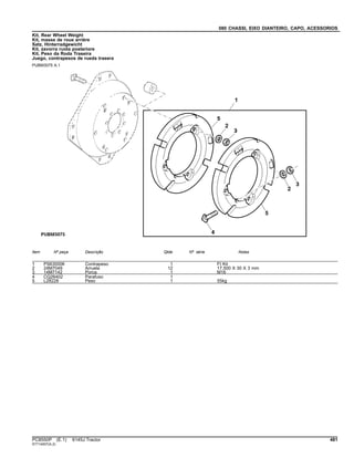 080 CHASSI, EIXO DIANTEIRO, CAPO, ACESSORIOS
Kit, Rear Wheel Weight
Kit, masse de roue arrière
Satz, Hinterradgewicht
Kit, zavorra ruota posteriore
Kit, Peso da Roda Traseira
Juego, contrapesos de rueda trasera
PUBM3075 A.1
Item Nº peça Descrição Qtde Nº série Notas
1 PS630006 Contrapeso 1 FI Kit
2 24M7049 Arruela 12 17.500 X 30 X 3 mm
3 14M7142 Porca 1 M16
4 CQ26402 Parafuso 1
5 L28228 Peso 1 55kg
PC8550P (E.1) 6145J Tractor 481
ST714007(A.2)
 