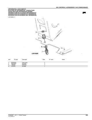 093 CONTROLE, ACESSORIOS E AR CONDICIONADO
DIFFERENTIAL LOCK SWITCH
BLOCAGE DU DIFFERENTIEL, CONTACTEUR
SCHALTER FUER DIFFERENTIALSPERRE
INTERRUTTORE BLOCCAGGIO DIFFERENZIALE
INTERRUPTOR DE BLOQUEIO DO DIFERENCIAL
INTERRUPTOR DE BLOQUEO DEL DIFERENCIAL
LX016060 A.1
Item Nº peça Descrição Qtde Nº série Notas
1 RE46534 Interruptor 1
2 RE43637 Atuador 1
3 L80302 Etiqueta 1
4 L37275 Arruela 1
PC8550P (E.1) 6145J Tractor 555
ST347485(A.2)
 