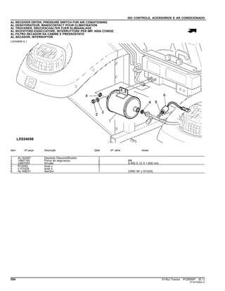 093 CONTROLE, ACESSORIOS E AR CONDICIONADO
AL RECEIVER DRYER, PRESSURE SWITCH FOR AIR CONDITIONING
AL DESHYDRATEUR, MANOCONTACT POUR CLIMATISATION
AL TROCKNER, DRUCKSCHALTER FUER KLIMAANLAGE
AL RICEVITORE-ESSICCATORE, INTERRUTTORE PER IMP. ARIA CONDIZ.
AL FILTRO SECADOR DA CABINE E PRESSOSTATO
AL SECADOR, INTERRUPTOR
LX034698 A.1
Item Nº peça Descrição Qtde Nº série Notas
1 AL162467 Depósito Desumidificador 1
2 14M7165 Porca de segurança 2 M6
3 24M7054 Arruela 2 6.400 X 12 X 1.600 mm
4 R10093 Anel o 2
5 L151429 Anel o 1
6 AL168231 SenSor 1 (ORD W/ L151429)
594 6145J Tractor PC8550P (E.1)
ST347508(A.2)
 