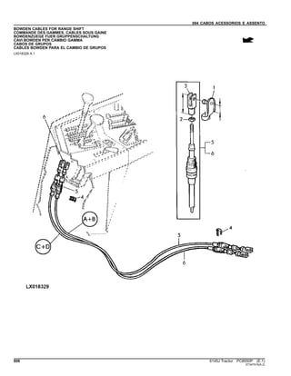 094 CABOS ACESSORIOS E ASSENTO
BOWDEN CABLES FOR RANGE SHIFT
COMMANDE DES GAMMES, CABLES SOUS GAINE
BOWDENZUEGE FUER GRUPPENSCHALTUNG
CAVI BOWDEN PER CAMBIO GAMMA
CABOS DE GRUPOS
CABLES BOWDEN PARA EL CAMBIO DE GRUPOS
LX018329 A.1
606 6145J Tractor PC8550P (E.1)
ST347516(A.2)
 