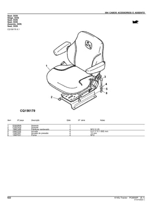 094 CABOS ACESSORIOS E ASSENTO
Seat, OOS
Siège, OOS
Seat, OOS
Seat, OOS
Assento, OOS
Seat, OOS
CQ156179 A.1
Item Nº peça Descrição Qtde Nº série Notas
1 DQ63806 Assento 1
2 CQ57432 Suporte 1
3 19M7268 Parafuso sextavado 4 M12 X 25
4 24M7026 Arruela 4 9 X 17 X 1.600 mm
5 12M7067 Arruela de pressão 4 12 mm
6 14M7031 Porca 4 M12
622 6145J Tractor PC8550P (E.1)
ST347526(B.1)
 