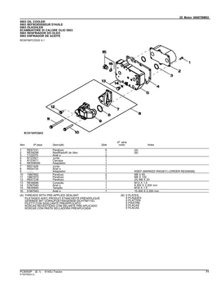 20 Motor 6068TBM02
5903 OIL COOLER
5903 REFROIDISSEUR D'HUILE
5903 ÖLKÜHLER
SCAMBIATORE DI CALORE OLIO 5903
5903 RESFRIADOR DO OLEO
5903 ENFRIADOR DE ACEITE
RE59756PCDD02 A.1
Item Nº peça Descrição Qtde
Nº série
motor Notas
1 RE67231 Parafuso 6 (A)
2 RE59298 ResfRiadoR de óleo 1 (B)
3 T122075 Anel o 2
4 R123501 Junta 1
5 R123471 Carcaça 1
6 RE508599 Adaptador 1
7 R501428 Junta 1
8 R504734 Anel o 1
9 ........ Adaptador 1 NSEP (MARKED R502811) (ORDER RE508599)
10 19M7802 Parafuso 2 M8 X 65
11 19M7970 Parafuso 2 M8 X 100
12 RE67238 Parafuso 1 (A) M8 X 20
13 RE46686 Conexão 1 M12 X 1.5
14 51M7040 Anel o 1 9.300 X 2.200 mm
15 RE46685 Tampão 1 M18 X 1.5
16 51M7043 Anel o 1 15.300 X 2.200 mm
(A) THREADS WITH PRE-APPLIED SEALANT
FILETAGES AVEC PRODUIT ÉTANCHÉITÉ PRÉAPPLIQUÉ
GEWINDE MIT VORAUFGETRAGENEM DICHTMITTEL
FILETTI CON SIGILLANTE PREAPPLICATO
ROSCAS REVESTIDAS COM SELANTE PRE-APLICADO
ROSCAS CON PASTA SELLADORA PREAPLICADA
(B) 9 PLATES
9 PLAQUES
9 PLATTEN
9 PIASTRE
9 PLACAS
9 PLACAS
PC8550P (E.1) 6145J Tractor 71
ST397092(A.2)
 