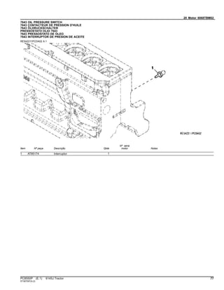 20 Motor 6068TBM02
7643 OIL PRESSURE SWITCH
7643 CONTACTEUR DE PRESSION D'HUILE
7643 ÖLDRUCKSCHALTER
PRESSOSTATO OLIO 7643
7643 PRESSOSTATO DE OLEO
7643 INTERRUPTOR DE PRESION DE ACEITE
RE542211PCDA02 A.1
Item Nº peça Descrição Qtde
Nº série
motor Notas
1 AT85174 Interruptor 1
PC8550P (E.1) 6145J Tractor 77
ST397097(A.2)
 