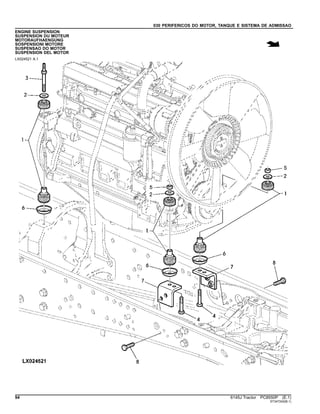 030 PERIFERICOS DO MOTOR, TANQUE E SISTEMA DE ADMISSAO
ENGINE SUSPENSION
SUSPENSION DU MOTEUR
MOTORAUFHAENGUNG
SOSPENSIONI MOTORE
SUSPENSAO DO MOTOR
SUSPENSION DEL MOTOR
LX024521 A.1
94 6145J Tractor PC8550P (E.1)
ST347242(B.1)
 