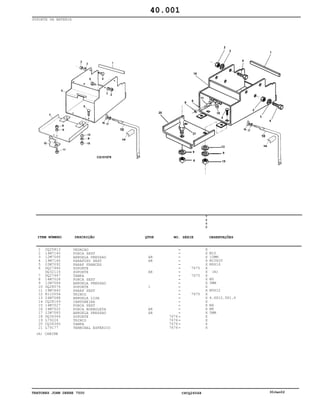 TRATORES JOHN DEERE 7500 CPCQ26568 30Jan02
SUPORTE DA BATERIA
1
2
3
4
5
6
7
8
9
10
11
12
13
14
15
16
17
18
19
20
21
CQ25813
14M7140
12M7066
19M7166
03M7092
DQ27446
DQ32116
DQ27447
14M7028
12M7064
DQ28074
19M7640
R110554
24M7088
CQ28149
14M7027
14M7020
12M7065
DQ34364
L79226
CQ34360
L79177
VEDACAO
PORCA SEXT
ARRUELA PRESSAO
PARAFUSO SEXT
PARAF FRANCES
SUPORTE
SUPORTE
TAMPA
PORCA SEXT
ARRUELA PRESSAO
SUPORTE
PARAF SEXT
TRINCO
ARRUELA LISA
CANTONEIRA
PORCA SEXT
PORCA BORBOLETA
ARRUELA PRESSAO
SUPORTE
TRINCO
TAMPA
TERMINAL ESFÉRICO
AR
AR
AR
1
AR
AR
7676
7676
7676
7676
7675
7675
7675
7
5
0
0
X
X
X
X
X
X
X
X
X
X
X
X
X
X
X
X
X
X
X
X
X
X
M10
10MM
M10X20
M6X16
(A)
M5
5MM
M5X12
6.6X12.5X1.6
M6
M8
5MM
40.001
(A) CABINE
-
-
-
-
-
-
-
-
-
-
-
-
-
-
-
-
-
-
-
-
-
-
ITEM NÚMERO DESCRIÇÃO QTDE OBSERVAÇÕESNO. SÉRIE
 