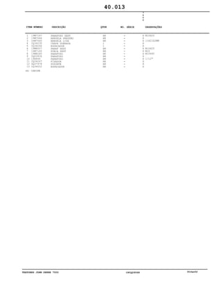 TRATORES JOHN DEERE 7500 CPCQ26568 30Jan02
1
2
3
4
5
6
7
8
9
10
11
12
13
19M7167
19M7066
24M7040
CQ34235
CQ34246
19M8007
14M7140
19M8260
CQ02836
19H444
CQ34247
DQ37978
CQ34052
PARAFUSO SEXT
ARRUELA PRESSÃO
ARRUELA LISA
CHAPA DOBRADA
ESPAÇADOR
PARAF SEXT
PORCA SEXT
PARAFUSO
PARAFUSO
PARAFUSO
FIXADOR
SUPORTE
ESPAÇADOR
AR
AR
AR
1
1
AR
AR
AR
AR
AR
AR
AR
AR
7
5
0
0
X
X
X
X
X
X
X
X
X
X
X
X
X
M10X25
11X21X2MM
M10X25
M10
M10X40
1/12"
40.013
(A) CABINE
-
-
-
-
-
-
-
-
-
-
-
-
-
ITEM NÚMERO DESCRIÇÃO QTDE OBSERVAÇÕESNO. SÉRIE
 