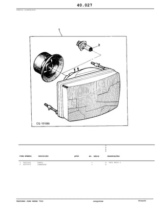 TRATORES JOHN DEERE 7500 CPCQ26568 30Jan02
FARÓIS DIANTEIROS
1
2
DQ25062
AS04903
FAROL
LAMAPADA
7
5
0
0
X
X
INCL KEYS 2
40.027
-
-
ITEM NÚMERO DESCRIÇÃO QTDE OBSERVAÇÕESNO. SÉRIE
 