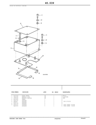 TRATORES JOHN DEERE 7500 CPCQ26568 30Jan02
CAIXA DE FUSÍVEIS (CABINE)
1
2
3
4
5
6
7
8
9
CQ10218
CQ01248
12M7006
DQ31902
CQ32740
UN4808
DQ39771
CQ32739
DQ39152
DQ42404
PARAF FENDA
ARRUELA LISA
ARRUELA PRESSAO
TAMPA
VEDAÇÃO
VEDAÇÃO
VEDAÇÃO
VEDAÇÃO
SUPORTE
SUPORTE
AR
AR
AR
1
1
2
1
2
1
1
7
5
0
0
X
X
X
X
X
X
X
X
X
X
M6X16
6,4X18MM
6MM
SUB L152250
PARA BOMBA 100LPM
PARA BOMBA 60LPM
40.039
-
-
-
-
-
-
-
-
-
-
ITEM NÚMERO DESCRIÇÃO QTDE OBSERVAÇÕESNO. SÉRIE
 