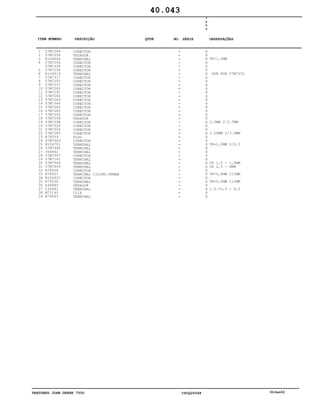 TRATORES JOHN DEERE 7500 CPCQ26568 30Jan02
1
2
3
4
5
6
7
8
9
10
11
12
13
14
15
16
17
18
19
20
21
22
23
24
25
26
27
28
29
30
31
32
33
34
35
36
37
38
39
57M7289
57M7258
R104846
57M7254
57M7328
57M7256
R104919
57M7317
57M7255
57M7257
57M7265
57M7291
57M7260
57M7263
57M7364
57M7264
57M7283
57M7306
57M7258
57M7298
57M7309
57M7304
57M7285
R78059
57M7469
R104701
57M7496
U46662
51M7347
57M7161
57M7508
57M7509
R78056
R78057
R104921
R78058
Z44689
L36681
M75140
R78063
CONECTOR
VEDADOR
TERMINAL
CONECTOR
CONECTOR
CONECTOR
TERMINAL
CONECTOR
CONECTOR
CONECTOR
CONECTOR
CONECTOR
CONECTOR
CONECTOR
CONECTOR
CONECTOR
CONECTOR
CONECTOR
VEDADOR
CONECTOR
CONECTOR
CONECTOR
CONECTOR
PLUG
CONECTOR
TERMINAL
TERMINAL
TERMINAL
CONECTOR
TERMINAL
TERMINAL
TERMINAL
CONECTOR
TERMINAL CILIND.FEMEA
CONECTOR
TERMINAL
VEDADOR
TERMINAL
CLIP
TERMINAL
7
5
0
0
X
X
X
X
X
X
X
X
X
X
X
X
X
X
X
X
X
X
X
X
X
X
X
X
X
X
X
X
X
X
X
X
X
X
X
X
X
X
X
X
TK=1,0MM
SUB FOR 57M7252
2,0MM 2/3.7MM
3.00MM 2/3.9MM
TK=1,0MM 2/2,5
OD 1,0 - 1,5MM
OD 2,5 - 4MM
TK=0,8MM 213MM
TK=0,8MM 213MM
I.D.=2,0 - 4,0
40.043
-
-
-
-
-
-
-
-
-
-
-
-
-
-
-
-
-
-
-
-
-
-
-
-
-
-
-
-
-
-
-
-
-
-
-
-
-
-
-
-
ITEM NÚMERO DESCRIÇÃO QTDE OBSERVAÇÕESNO. SÉRIE
 