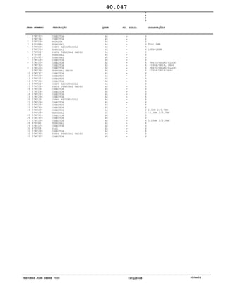 TRATORES JOHN DEERE 7500 CPCQ26568 30Jan02
1
2
3
4
5
6
7
8
9
10
11
12
13
14
15
16
17
18
19
20
21
22
23
24
25
26
27
28
29
30
31
32
33
57M7315
57M7364
57M7258
R104846
57M7266
57M7259
57M7267
R78064
R104919
57M7289
57M7254
57M7328
57M7256
57M7365
57M7317
57M7255
57M7257
57M7318
57M7247
57M7244
57M7291
57M7260
57M7263
57M7296
57M7261
57M7264
57M7283
57M7306
57M7298
57M7299
57M7309
57M7304
57M7285
R78063
57M7274
R78059
57M7280
57M7305
57M7307
CONECTOR
CONECTOR
VEDADOR
TERMINAL
CORPO RECEPTACULO
TERMINAL
PONTA TERMINAL MACHO
TERMINAL
TERMINAL
CONECTOR
CONECTOR
CONECTOR
CONECTOR
TERMINAL MACHO
CONECTOR
CONECTOR
CONECTOR
CONECTOR
CORPO RECEPTÁCULO
PONTA TERMINAL MACHO
CONECTOR
CONECTOR
CONECTOR
CONECTOR
CORPO RECEPTÁCULO
CONECTOR
CONECTOR
CONECTOR
CONECTOR
TERMINAL
CONECTOR
CONECTOR
CONECTOR
TERMINAL
CONECTOR
PLUG
CONECTOR
PONTA TERMINAL MACHO
CONECTOR
AR
AR
AR
AR
AR
AR
AR
AR
AR
AR
AR
AR
AR
AR
AR
AR
AR
AR
AR
AR
AR
AR
AR
AR
AR
AR
AR
AR
AR
AR
AR
AR
AR
AR
AR
AR
AR
AR
AR
7
5
0
0
X
X
X
X
X
X
X
X
X
X
X
X
X
X
X
X
X
X
X
X
X
X
X
X
X
X
X
X
X
X
X
X
X
X
X
X
X
X
X
TK=1,0MM
LGTH=16MM
PRETO/NEGRO/BLACK
CINZA/GRIS, GRAY
PRETO/NEGRO/BLACK
CINZA/GRIS/GRAY
2,0MM 2/3.7MM
-3.0MM 2/3.7MM
3.00MM 2/3.9MM
40.047
-
-
-
-
-
-
-
-
-
-
-
-
-
-
-
-
-
-
-
-
-
-
-
-
-
-
-
-
-
-
-
-
-
-
-
-
-
-
-
ITEM NÚMERO DESCRIÇÃO QTDE OBSERVAÇÕESNO. SÉRIE
 