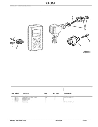 TRATORES JOHN DEERE 7500 CPCQ26568 30Jan02
TERMINAIS E CONECTORES ELÉTRICOS
1
2
3
4
5
57M7437
57M7436
57M7474
57M7379
R104701
TERMINAL CILINDR.FEMEA
RECEPTACULO
RECEPTÁCULO
CONECTOR
TERMINAL
AR
1
1
1
2
7
5
0
0
X
X
X
X
X
TK=-0,75MM2/1,7
TK=1,0MM 2/2,5
40.050
-
-
-
-
-
ITEM NÚMERO DESCRIÇÃO QTDE OBSERVAÇÕESNO. SÉRIE
 