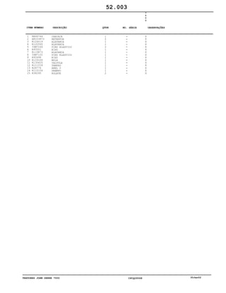 TRATORES JOHN DEERE 7500 CPCQ26568 30Jan02
1
2
3
4
5
6
7
8
9
10
11
12
13
14
15
RE66746
AR103873
R124019
R120565
34M7244
R95501
R119873
34M7102
R95498
R129184
R135625
R111039
R28776
R115154
R38295
CARCAÇA
RETENTOR
ALAVANCA
ALAVANCA
PINO ELASTICO
EIXO
ALAVANCA
PINO ELASTICO
EIXO
MOLA
VALVULA
TAMPAO
ANEL O
GRAMPO
ROLETE
1
2
1
1
2
1
1
1
1
1
1
1
1
1
2
7
5
0
0
X
X
X
X
X
X
X
X
X
X
X
X
X
X
X
52.003
-
-
-
-
-
-
-
-
-
-
-
-
-
-
-
ITEM NÚMERO DESCRIÇÃO QTDE OBSERVAÇÕESNO. SÉRIE
 