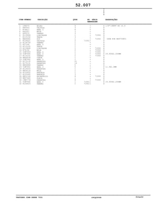 TRATORES JOHN DEERE 7500 CPCQ26568 30Jan02
1
2
3
4
5
6
7
8
9
10
11
12
13
14
15
16
17
18
19
20
21
22
23
24
25
26
27
28
29
30
31
32
15H275
R95503
R76617
R42057
R95075
R119084
R115152
RE64082
R124021
R134754
R27166
R115152
R119646
R74192
51M7043
51M7045
R110151
RE46534
51M7042
R175130
R175131
RE46684
51M7041
R119203
RE54216
R120452
R105585
RE52144
RE57465
19M7774
51M7045
R124023
BUJAO
VALVULA
ANEL O
MOLA
TAMPAO
LIMITADOR
TRAVA
KIT
VALVULA
TAMPÃO
ANEL O
TRAVA
LIMITADOR
MOLA
ANEL O
ANEL O
TAMPAO
CHAVE
ANEL O
PARAFUSO
PARAFUSO
TAMPAO
ANEL O
PARAFUSO
MOLA
ARRUELA
ARRUELA
EXCENTRICO
PLACA
PARAFUSO
ANEL O
TAMPÃO
4
3
6
3
3
1
3
1
2
1
1
1
1
2
1
1
1
1
1
21
14
5
5
1
1
1
3
4
1
4
1
1
71551
71551
71551
71550
71550
71550
71550
71550
71550
71550
71550
71550
7
5
0
0
X
X
X
X
X
X
X
X
X
X
X
X
X
X
X
X
X
X
X
X
X
X
X
X
X
X
X
X
X
X
X
X
1/4"-18NPT HS 10.9
(SUB FOR RE475980)
19.300X2.200MM
11.3X2.2MM
19.300X2.200MM
52.007
-
-
-
-
-
-
-
-
-
-
-
-
-
-
-
-
-
-
-
-
-
-
-
-
-
-
-
-
-
-
-
-
ITEM NÚMERO DESCRIÇÃO QTDE OBSERVAÇÕESNO. SÉRIE
EMBREAGEM
 
