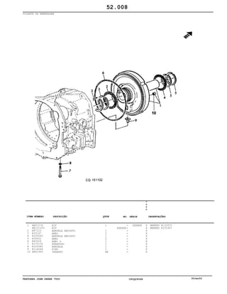 TRATORES JOHN DEERE 7500 CPCQ26568 30Jan02
VOLANTE DA EMBREAGEM
1
2
3
4
5
6
7
8
9
10
RE47278
RE151355
R87210
R33167
R105040
R39322
R63226
R175130
R105585
R114264
RE41945
KIT
KIT
ARRUELA ENCOSTO
ANEL
ARRUELA ENCOSTO
ANEL
ANEL O
PARAFUSO
ARRUELA
PINO
INSERTO
1
1
2
1
2
1
1
1
1
AR
XXXXXX
XXXXXX
7
5
0
0
X
X
X
X
X
X
X
X
X
X
X
MARKED R132975
MARKED R151447
52.008
-
-
-
-
-
-
-
-
-
-
-
ITEM NÚMERO DESCRIÇÃO QTDE OBSERVAÇÕESNO. SÉRIE
 