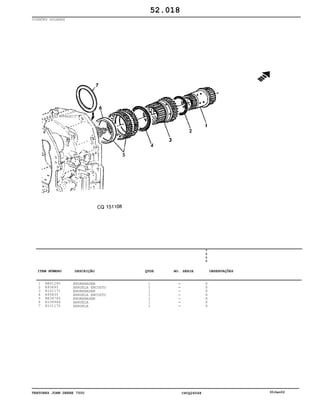 TRATORES JOHN DEERE 7500 CPCQ26568 30Jan02
PINHÕES SOLARES
1
2
3
4
5
6
7
RE41265
R95895
R101171
R95835
RE34763
R108984
R101170
ENGRENAGEM
ARRUELA ENCOSTO
ENGRENAGEM
ARRUELA ENCOSTO
ENGRENAGEM
ARRUELA
ARRUELA
1
1
1
1
1
1
1
7
5
0
0
X
X
X
X
X
X
X
52.018
-
-
-
-
-
-
-
ITEM NÚMERO DESCRIÇÃO QTDE OBSERVAÇÕESNO. SÉRIE
 