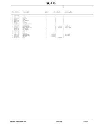 TRATORES JOHN DEERE 7500 CPCQ26568 30Jan02
1
2
3
4
5
6
7
8
9
10
11
12
13
14
15
16
17
18
19
20
RE52284
R88889
R130488
R30587
JD10269
RE47291
R79639
40M7097
R108925
R108927
T27432
R106825
R115119
H64801
RE162140
R161739
R161741
R161742
R120947
RE163759
EIXO
BUCHA
COLETOR
PINO
ROLAMENTO
KIT
ESFERA
ANEL ELÁSTICO
ENGRENAGEM
ENGRENAGEM
ANEL ELASTICO
PARAFUSO
ROLAMENTO
ANEL O
EIXO
COLETOR
ENGRENAGEM
ENGRENAGEM
VÁLVULA
KIT
1
1
1
2
1
1
1
1
1
1
1
6
1
1
1
1
1
1
1
1
146000
146000
146000
146000
145999
145999
145999
7
5
0
0
X
X
X
X
X
X
X
X
X
X
X
X
X
X
X
X
X
X
X
X
TK=12MM
TK=12MM
TK=2,74MM
TK=15MM
TK=15MM
52.021
-
-
-
-
-
-
-
-
-
-
-
-
-
-
-
-
-
-
-
-
ITEM NÚMERO DESCRIÇÃO QTDE OBSERVAÇÕESNO. SÉRIE
 