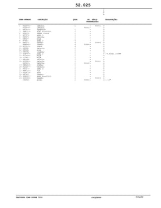 TRATORES JOHN DEERE 7500 CPCQ26568 30Jan02
1
2
3
4
5
6
7
8
9
10
11
12
13
14
15
16
17
18
19
20
21
22
23
24
25
26
R126462
R129797
RE39354
34M7126
R34028
R27976
R95076
R95077
R76617
R95075
RE46685
R115152
R95081
R95084
R95082
51M7045
R116040
T23853
R95086
R131824
R134141
RE62620
R112977
P51079
RE47303
R104728
R87455
40M1857
R121580
15H560
CARCACA
CARCAÇA
RETENTOR
PINO ELASTICO
PARAF FENDA
ANEL O
VALVULA
MOLA
ANEL O
TAMPAO
TAMPÃO
TRAVA
VALVULA
MOLA
CONEXAO
ANEL O
MOLA
MOLA
VALVULA
VALVULA
VALVULA
PISTAO
VEDACAO
ANEL O
KIT
ANEL
TAMPAO
ANEL ELASTICO
TAMPÃO
BUJAO
1
1
2
1
1
1
1
5
4
4
4
2
1
1
1
1
1
1
1
1
1
1
1
1
1
1
1
1
1
95462
95884
95462
95884
95461
95883
95461
95883
7
5
0
0
X
X
X
X
X
X
X
X
X
X
X
X
X
X
X
X
X
X
X
X
X
X
X
X
X
X
X
X
X
X
19.300X2.200MM
1/16"
52.025
-
-
-
-
-
-
-
-
-
-
-
-
-
-
-
-
-
-
-
-
-
-
-
-
-
-
-
-
-
-
ITEM NÚMERO DESCRIÇÃO QTDE OBSERVAÇÕESNO. SÉRIE
TRANSMISSÃO
 
