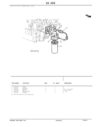 TRATORES JOHN DEERE 7500 CPCQ26568 30Jan02
FILTRO DE ÓLEO DA TRANSMISSÃO, CAIXA
1
2
3
4
5
6
R120902
R95850
R109066
51M7040
RE69674
AL77061
JUNTA
CARCACA
PARAFUSO
ANEL O
INTERRUPTOR
FILTRO
1
1
6
1
1
1
7
5
0
0
X
X
X
X
X
X
HS 10.9 M6X80
9,3X2,2MM
(A)
52.028
(A) SUB FOR RE58157) ORD RE165048
-
-
-
-
-
-
ITEM NÚMERO DESCRIÇÃO QTDE OBSERVAÇÕESNO. SÉRIE
 