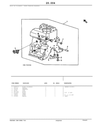 TRATORES JOHN DEERE 7500 CPCQ26568 30Jan02
BLOCO DE CILINDROS - PARTE TRASEIRA ESQUERDA
1
2
3
4
5
6
7
8
9
AJ58772
T20168
T23474
A120R
AT13740
R119392
T18891
15H562
R79089
BLOBO CILINDROS
ARRUELA
PARAFUSO
PINO
BUJAO
BUJAO
TAMPA
BUJÃO
MANCAL
1
2
2
3
1
7
1
1
1
7
5
0
0
X
X
X
X
X
X
X
X
X
MARKED R124853
1/8" 27 NPT
1"- 11.1/2 NPT
REAR
20.004
-
-
-
-
-
-
-
-
-
ITEM NÚMERO DESCRIÇÃO QTDE OBSERVAÇÕESNO. SÉRIE
 