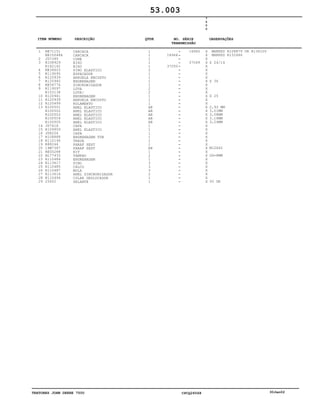 TRATORES JOHN DEERE 7500 CPCQ26568 30Jan02
1
2
3
4
5
6
7
8
9
10
11
12
13
14
15
16
17
18
19
20
21
22
23
24
25
26
27
28
29
RE71151
RE150486
JD7395
R108929
R162142
RE34603
R119095
R120939
R120940
RE54776
R119097
R153138
R120941
R120939
R120499
R100501
R100502
R100503
R100504
R100505
JD7418
R109909
JD8206
R108888
R110196
R88246
19M7387
RE55288
AL77433
R110484
R113617
R110485
R110487
R113616
R110494
25602
CARCAÇA
CARCAÇA
CONE
EIXO
EIXO
PINO ELASTICO
ESPACADOR
ARRUELA ENCOSTO
ENGRENAGEM
SINCRONIZADOR
LUVA
LUVA]
ENGRENAGEM
ARRUELA ENCOSTO
ROLAMENTO
ANEL ELASTICO
ANEL ELASTICO
ANEL ELASTICO
ANEL ELASTICO
ANEL ELASTICO
CAPA
ANEL ELASTICO
CAPA
ENGRENAGEM TUB
TRAVA
PARAF SEXT
PARAF SEXT
KIT
TAMPAO
ENGRENAGEM
PINO
CALÇO
MOLA
ANEL SINCRONIZADOR
COLAR DESLOCADOR
SELANTE
1
1
1
1
1
2
1
1
1
1
2
2
1
1
1
AR
AR
AR
AR
AR
1
1
1
1
1
1
AR
1
2
1
3
3
3
2
1
1
16966
37050
16965
37049
7
5
0
0
X
X
X
X
X
X
X
X
X
X
X
X
X
X
X
X
X
X
X
X
X
X
X
X
X
X
X
X
X
X
X
X
X
X
X
X
MARKED R108879 OR R136105
MARKED R152466
Z 24/14
Z 36
Z 25
2,93 MM
3,01MM
3,08MM
3.16MM
3,24MM
M12X40
OD=8MM
50 GR
53.003
-
-
-
-
-
-
-
-
-
-
-
-
-
-
-
-
-
-
-
-
-
-
-
-
-
-
-
-
-
-
-
-
-
-
-
-
ITEM NÚMERO DESCRIÇÃO QTDE OBSERVAÇÕESNO. SÉRIE
TRANSMISSÃO
 