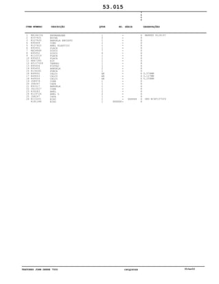 TRATORES JOHN DEERE 7500 CPCQ26568 30Jan02
1
2
3
4
5
6
7
8
9
10
11
12
13
14
15
16
17
18
19
20
21
22
23
24
25
26
RE166156
R107621
R107620
R95449
R107622
R95450
RE34868
R95452
R110319
R95453
RE47385
AT107509
R95454
R95455
R134341
R49002
R49003
R49004
JD8979
JD8267
R93317
JD10527
R39283
R129726
JD8247
R115201
R181288
ENGRENAGEM
BUCHA
ARRUELA ENCOSTO
CUBO
ANEL ELASTICO
PLACA
DISCO
DISCO
PLACA
PLACA
KIT
TAMPAO
PISTAO
ARRUELA
PORCA
CALCO
CALCO
CALCO
CONE
CAPA
ARRUELA
CONE
ANEL
ANEL O
CAPA
EIXO
EIXO
1
2
1
1
1
1
7
6
1
1
1
1
1
2
1
AR
AR
AR
1
1
1
1
2
2
1
1
1 XXXXXX
XXXXXX
7
5
0
0
X
X
X
X
X
X
X
X
X
X
X
X
X
X
X
X
X
X
X
X
X
X
X
X
X
X
X
MARKED R124197
0,076MM
0,127MM
0,254MM
ORD W/AT107509
53.015
-
-
-
-
-
-
-
-
-
-
-
-
-
-
-
-
-
-
-
-
-
-
-
-
-
-
-
ITEM NÚMERO DESCRIÇÃO QTDE OBSERVAÇÕESNO. SÉRIE
 