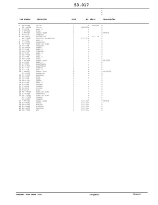 TRATORES JOHN DEERE 7500 CPCQ26568 30Jan02
1
2
3
4
5
6
7
8
9
10
11
12
13
14
15
16
17
18
19
20
21
22
23
24
25
26
27
28
29
30
31
32
33
34
35
36
37
38
39
40
41
42
RE65088
RE163138
U10289
44M7103
19M7560
R49518
RE54872
RE159087
R26287
T106596
RE42651
T21564
AL38083
U10289
AR26746
R26287
RE47789
U10289
RE57756
19M7386
A4540R
R39832
R121828
R27175
F3171R
19M8837
R169519
R170103
T26565
T26565
RE42567
R26286
R42849
15H666
R89411
R32210
RE173060
T100529
RE176881
AT107509
RE46685
19M7560
R109691
RE50782
R109690
RE54873
RE47392
CAIXA
CAIXA
ANEL O
PINO
PARAF SEXT
CONEXAO
SOLENOIDE
VÁLVULA SOLENOIDE
ANEL O
PARAFUSO
TUBO DE OLEO
VEDACAO
TAMPA
ANEL O
CONEXAO
ANEL O
TUBO
ANEL O
TUBO
PARAF SEXT
ANEL O
ADAPTADOR
ADAPTADOR
TAMPAO
ANEL O
PARAF SEXT
PARAFUSO
ARRUELA
PINO
PINO
DRENO
ANEL O
ESFERA
TAMPÃO
FILTRO
PINO
TUBO DE ÓLEO
PARAFUSO
TUBO DE OLEO
TAMPAO
TAMPÃO
PARAF SEXT
PORCA
BOBINA
FIXADOR
VALVULA
KIT
1
1
1
1
2
1
1
1
1
1
1
1
1
1
1
1
1
1
1
1
1
1
1
2
2
8
8
8
4
4
2
2
2
3
1
1
1
2
1
2
1
2
1
1
1
1
1
XXXXXX
037137
037136
037136
037136
037136
037136
037136
XXXXXX
037136
7
5
0
0
X
X
X
X
X
X
X
X
X
X
X
X
X
X
X
X
X
X
X
X
X
X
X
X
X
X
X
X
X
X
X
X
X
X
X
X
X
X
X
X
X
X
X
X
X
X
X
M6X16
M12X20
M20X120
M6X16
53.017
-
-
-
-
-
-
-
-
-
-
-
-
-
-
-
-
-
-
-
-
-
-
-
-
-
-
-
-
-
-
-
-
-
-
-
-
-
-
-
-
-
-
-
-
-
-
-
ITEM NÚMERO DESCRIÇÃO QTDE OBSERVAÇÕESNO. SÉRIE
 