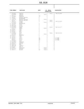 TRATORES JOHN DEERE 7500 CPCQ26568 30Jan02
1
2
3
4
5
6
7
8
9
10
11
12
13
14
15
16
17
18
19
20
21
22
23
24
25
26
27
28
29
30
31
R105843
R129586
R47172
R105847
R93623
R74868
R162100
R67811
R80879
R130825
R105848
R78156
RE12518
R105846
R105845
R131177
JD8290
JD8191
R39322
R93885
R105844
R151061
R70236
JD8210
JD8159
R46323
R46324
R46325
R105849
R112887
AR26746
R26287
RE47789
AR26746
R26287
R39832
R131214
R68171
CARCACA
CARCAÇA
ARRUELA
PARAFUSO
ARRUELA ENCOSTO
ENGRENAGEM
ARRUELA ENCOSTO
ARRUELA ENCOSTO
PINHAO
PINHÃO
ENGRENAGEM
PLACA
DISCO
PISTAO
TAMPA
TAMPA
CAPA
CONE
ANEL
LUVA
EIXO
EIXO
PARAFUSO
CAPA
CONE
CALCO
CALCO
CALCO
LUVA
PARAFUSO
CONEXAO
ANEL O
TUBO
CONEXAO
ANEL O
ADAPTADOR
ARRUELA
ROLETE
1
10
10
2
1
2
2
2
1
3
3
1
1
1
1
1
2
1
1
1
1
1
1
AR
AR
AR
1
10
1
1
1
1
1
1
2
42
52812
52812
52812
52812
52812
52812
52812
52812
52811
52811
52811
52811
52811
7
5
0
0
X
X
X
X
X
X
X
X
X
X
X
X
X
X
X
X
X
X
X
X
X
X
X
X
X
X
X
X
X
X
X
X
X
X
X
X
X
X
SUB R129586
SUB R130825
SUB R131177
SUB R151061
0.076MM
0,127MM
0,254MM
53.019
-
-
-
-
-
-
-
-
-
-
-
-
-
-
-
-
-
-
-
-
-
-
-
-
-
-
-
-
-
-
-
-
-
-
-
-
-
-
ITEM NÚMERO DESCRIÇÃO QTDE OBSERVAÇÕESNO. SÉRIE
TRANSMISSÃO
 