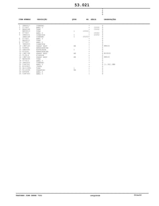 TRATORES JOHN DEERE 7500 CPCQ26568 30Jan02
1
2
3
4
5
6
7
8
9
10
11
12
13
14
15
16
17
18
19
20
21
22
23
24
25
38H5017
T77857
RE48348
RE59013
T77857
38H5031
38H5148
T77857
RE49231
T77857
38H5003
19M7162
T24802
28H3381
H75541
19M7786
T13814
19M7162
RE58290
T77613
38H5002
51M7041
R120901
AL112681
R112296
A4540R
51M7043
CONEXAO
ANEL O
TUBO
TUBO
ANEL O
CONECTOR
CONEXÃO
ANEL O
TUBO
ANEL O
CONECTOR
PARAF SEXT
ABRACADEIRA
ESPAÇADOR
ABRACADEIRA
PARAF SEXT
FIXADOR
PARAF SEXT
TUBO
ANEL O
CONEXAO
ANEL O
JUNTA
TUBO
PARAFUSO
ANEL O
ANEL O
1
1
1
AR
1
AR
AR
1
AR
15333
25253
15332
15332
15322
23252
7
5
0
0
X
X
X
X
X
X
X
X
X
X
X
X
X
X
X
X
X
X
X
X
X
X
X
X
X
X
X
M8X16
M10X30
M8X16
11.3X2.2MM
53.021
-
-
-
-
-
-
-
-
-
-
-
-
-
-
-
-
-
-
-
-
-
-
-
-
-
-
-
ITEM NÚMERO DESCRIÇÃO QTDE OBSERVAÇÕESNO. SÉRIE
 