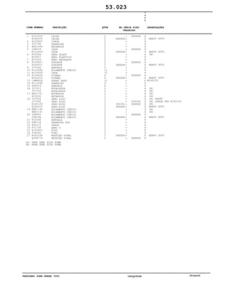 TRATORES JOHN DEERE 7500 CPCQ26568 30Jan02
1
2
3
4
5
6
7
8
9
10
11
12
13
14
15
16
17
18
19
20
21
22
23
24
25
26
27
R121532
R182470
R105825
JD7798
AR51564
JD8259
R121803
R53658
R53657
R57269
R105827
R182471
J57046
R110458
R110459
R105829
R182472
19M6824
R113494
R94919
J57021
J57193
RE31701
R33026
J57034
J57092
R185109
R182475
RE61190
RE61191
JD8954
JD8196
F2253R
R94714
R93172
F3171R
R105901
T26565
AJ61058
AJ58774
CAIXA
CAIXA
COROA
GRAXEIRA
RETENTOR
CAPA
CAPA
ANEL ELAST
ANEL ELÁSTICO
ANEL RASPADOR
SUPORTE
SUPORTE
ARRUELA
ROLAMENTO CÔNICO
CAPA
PINHAO
PINHÃO
PARAF SEXT
PARAFUSO
ARRUELA
ESPACADOR
ESPAÇADOR
RETENTOR
RETENTOR
SEMI EIXO
SEMI EIXO
SEMI-EIXO
SEMI-EIXO
ROLAMENTO CÔNICO
ROLAMENTO CÔNICO
ROLAMENTO CÔNICO
ROLAMENTO CÔNICO
ARRUELA
PARAFUSO ESP
TRAVA
ANEL O
EIXO
PINO
REDUÇÃO FINAL
REDUÇÃO FINAL
2
2
2
2
2
2
2
2
2
2
2
2
2
12
12
6
6
12
6
6
2
2
2
2
2
2
2
2
2
2
2
2
2
2
2
2
2
2
2
2
XXXXXX
XXXXXX
XXXXXX
XXXXXX
004341
XXXXXX
XXXXXX
XXXXXX
XXXXXX
XXXXXX
XXXXXX
XXXXXX
004340
XXXXXX
XXXXXX
XXXXXX
7
5
0
0
X
X
X
X
X
X
X
X
X
X
X
X
X
X
X
X
X
X
X
X
X
X
X
X
X
X
X
X
X
X
X
X
X
X
X
X
X
X
X
X
HEAVY DUTY
HEAVY DUTY
(B)
HEAVY DUTY
HEAVY DUTY
M16X120
(A)
(B)
(A)
(B)
(A) SHORT
(B) LARGE ORD R185109
(B)
HEAVY DUTY
(A)
(B)
HEAVY DUTY
HEAVY DUTY
53.023
(A)
(B)
PARA SEMI EIXO 80MM
PARA SEMI EIXO 86MM
-
-
-
-
-
-
-
-
-
-
-
-
-
-
-
-
-
-
-
-
-
-
-
-
-
-
-
-
-
-
-
-
-
-
-
-
-
-
-
-
ITEM NÚMERO DESCRIÇÃO QTDE OBSERVAÇÕESNO.SÉRIE EIXO
TRASEIRO
 