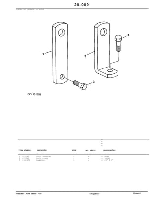 TRATORES JOHN DEERE 7500 CPCQ26568 30Jan02
PLACAS DE LEVANTE DO MOTOR
1
2
3
J57090
J57091
19H2472
CALÇO TRASEIRO
CALÇO DIANT
PARAFUSO
1
1
2
7
5
0
0
X
X
X
REAR
FRONT
1/2" X 1"
20.009
-
-
-
ITEM NÚMERO DESCRIÇÃO QTDE OBSERVAÇÕESNO. SÉRIE
 