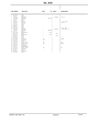 TRATORES JOHN DEERE 7500 CPCQ26568 30Jan02
1
2
3
4
5
6
7
8
9
10
11
12
13
14
15
16
17
18
19
20
21
22
23
24
25
26
27
28
29
30
31
AP32864
T77857
38H5003
L100555
51M7043
B2762
51M7041
38H5002
T77613
DQ60616
DQ60617
DQ60590
51M7040
38H5022
38H5016
T77613
AL114312
AP32561
DQ35216
AP32559
AP32567
AP32568
19M7595
DQ03962
CQ33811
14M7165
19M7721
DQ04007
CQ25192
H75541
14M7165
H128515
T77857
38H5003
51M7043
TUBO
ANEL O
CONECTOR
CONEXÃO
ANEL O
ANEL O
ANEL O
CONEXAO
ANEL O
TUBO
TUBO
TUBO
ANEL O
CONEXÃO
CONEXAO
ANEL O
MANGUEIRA
TUBO
MANGUEIRA
TUBO
TUBO
TUBO
PARAFUSO
FIXADOR
PLACA
PORCA SEXT
PARAF SEXT
FIXADOR
ESPACADOR
ABRACADEIRA
PORCA SEXT
FIXADOR
ANEL O
CONECTOR
ANEL O
1
1
1
1
AR
AR
AR
AR
AR
XXXXXX
XXXXXX
7881
7881
XXXXXX
XXXXXX
7880
7880
7
5
0
0
X
X
X
X
X
X
X
X
X
X
X
X
X
X
X
X
X
X
X
X
X
X
X
X
X
X
X
X
X
X
X
X
X
X
X
INC 4
11.3X2.2MM
INC 6
9,3X2,2MM
INCL KEYS 12
M6X50
M6
M6X65
M6
60.009
-
-
-
-
-
-
-
-
-
-
-
-
-
-
-
-
-
-
-
-
-
-
-
-
-
-
-
-
-
-
-
-
-
-
-
ITEM NÚMERO DESCRIÇÃO QTDE OBSERVAÇÕESNO. SÉRIE
 