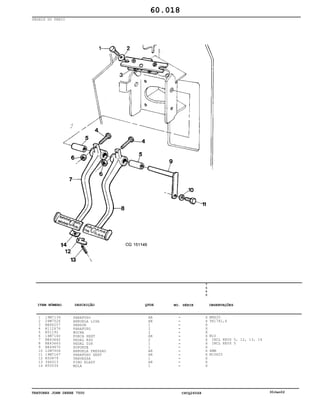 TRATORES JOHN DEERE 7500 CPCQ26568 30Jan02
PEDAIS DO FREIO
1
2
3
4
5
6
7
8
9
10
11
12
13
14
19M7139
24M7026
RE66257
R112676
R51192
14M7140
RE43662
RE43663
RE49670
12M7006
19M7167
R50879
34H313
R50034
PARAFUSO
ARRUELA LISA
SENSOR
PARAFUSO
BUCHA
PORCA SEXT
PEDAL ESQ
PEDAL DIR
SUPORTE
ARRUELA PRESSAO
PARAFUSO SEXT
TRAVESSA
PINO ELAST
MOLA
AR
AR
1
2
2
AR
2
1
1
AR
AR
1
AR
1
7
5
0
0
X
X
X
X
X
X
X
X
X
X
X
X
X
X
M8X20
9X17X1,6
M10
INCL KEYS 5, 12, 13, 14
INCL KEYS 5
6MM
M10X25
60.018
-
-
-
-
-
-
-
-
-
-
-
-
-
-
ITEM NÚMERO DESCRIÇÃO QTDE OBSERVAÇÕESNO. SÉRIE
 
