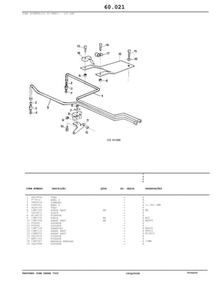 TRATORES JOHN DEERE 7500 CPCQ26568 30Jan02
TUBO HIDRÁULICO DO FREIO - 100 LPM
1
2
3
4
5
6
7
8
9
10
11
12
13
14
15
16
17
18
19
DQ29954
T77613
38H5016
51M7041
DQ30105
14M7165
CQ33811
H128515
14M7274
19M7299
P59991
P59991
19M7318
19M3115
19M8552
CQ03819
AH87142
12M7067
CQ25996
TUBO
ANEL O
CONEXAO
ANEL O
TUBO
PORCA SEXT
PLACA
FIXADOR
PORCA
PARAF SEXT
SUPORTE
SUPORTE
PARAFUSO
PARAF SEXT
PARAF SEXT
FIXADOR
FIXADOR
ARRUELA PRESSAO
SUPORTE
AR
AR
AR
7
5
0
0
X
X
X
X
X
X
X
X
X
X
X
X
X
X
X
X
X
X
X
11.3X2.2MM
M6
M10
M6X45
M6X30
M6X12
M12X25
12MM
60.021
-
-
-
-
-
-
-
-
-
-
-
-
-
-
-
-
-
-
-
ITEM NÚMERO DESCRIÇÃO QTDE OBSERVAÇÕESNO. SÉRIE
 