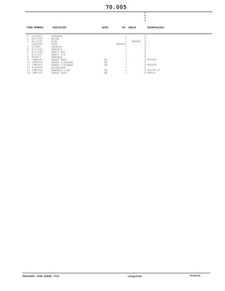TRATORES JOHN DEERE 7500 CPCQ26568 30Jan02
1
2
3
4
5
6
7
8
9
10
11
12
13
14
L100025
R111551
R111550
CQ33509
L75841
R111553
R111546
R111547
R33877
19M8102
19M7824
19M7851
R154949
24M7026
19M7162
SUPORTE
BUCHA
EIXO
EIXO
VEDACAO
ARRUELA
BRACO ESQ
BRACO DIR
ARRUELA
PARAF SEXT
PARAF C/FLANGE
PARAF C/FLANGE
BLINDAGEM
ARRUELA LISA
PARAF SEXT
AR
AR
AR
AR
AR
XXXXXX
XXXXXX
7
5
0
0
X
X
X
X
X
X
X
X
X
X
X
X
X
X
X
M20X65
M20X60
9X17X1,6
M8X16
70.005
-
-
-
-
-
-
-
-
-
-
-
-
-
-
-
ITEM NÚMERO DESCRIÇÃO QTDE OBSERVAÇÕESNO. SÉRIE
 