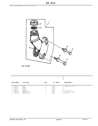 TRATORES JOHN DEERE 7500 CPCQ26568 30Jan02
BOCAL DE ENCHIMENTO DE ÓLEO (4039TJ01)
1
2
3
4
5
6
7
RE44199
R90788
T20328
R87259
19H3217
24H1304
19H2458
BOCAL
TAMPA
JUNTA
JUNTA
PARAFUSO
ARRUELA LISA
PARAF SEXT
1
1
1
1
1
2
1
3480
3480
3480
3480
3480
3480
3480
7
5
0
0
X
X
X
X
X
X
X
MARKED RE 25648
3/8"X1-3/4"
10,3X18,3X3,0MM
3/8"X3"
20.013
-
-
-
-
-
-
-
ITEM NÚMERO DESCRIÇÃO QTDE OBSERVAÇÕESNO. SÉRIE
 