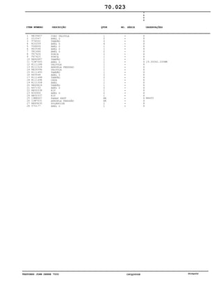 TRATORES JOHN DEERE 7500 CPCQ26568 30Jan02
1
2
3
4
5
6
7
8
9
10
11
12
13
14
15
16
17
18
19
20
21
22
23
24
25
26
27
28
RE39607
U12547
T76502
R33259
T44604
R63548
T81686
T67424
T67425
RE46687
51M7045
R111288
R111526
RE39396
R111493
R63548
R111488
R111498
R111308
RE49624
R47150
RE50338
R26906
RE50337
19M8667
12M7031
RE49630
T70177
CONJ VALVULA
ANEL O
TAMPÃO
ANEL O
ANEL O
ANEL O
ANEL O
PORCA
PORCA
TAMPÃO
ANEL O
VALVULA
ARRUELA PRESSAO
VALVULA
TAMPÃO
ANEL O
TAMPÃO
CAPA
ANEL
TAMPÃO
ANEL O
KIT
ANEL O
KIT
PARAF SEXT
ARRUELA PRESSÃO
SOLENOIDE
ANEL O
1
2
2
4
1
1
2
2
1
1
1
1
1
1
1
2
2
1
1
1
2
1
2
1
AR
AR
2
1
7
5
0
0
X
X
X
X
X
X
X
X
X
X
X
X
X
X
X
X
X
X
X
X
X
X
X
X
X
X
X
X
19.300X2.200MM
M4X55
70.023
-
-
-
-
-
-
-
-
-
-
-
-
-
-
-
-
-
-
-
-
-
-
-
-
-
-
-
-
ITEM NÚMERO DESCRIÇÃO QTDE OBSERVAÇÕESNO. SÉRIE
 