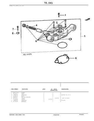 TRATORES JOHN DEERE 7500 CPCQ26568 30Jan02
BOMBA DE CARGA 100 LPM
1
2
3
4
5
6
7
8
RE151054
R108011
19M8395
R108013
RE49037
R107872
L116628
19M8444
R108008
BOMBA
ANEL
PARAFUSO
MOLA
KIT DE VEDAÇÃO
JUNTA
JUNTA
PARAFUSO
ARRUELA
1
1
1
1
1
1
1
3
3
225296
225295
7
5
0
0
X
X
X
X
X
X
X
X
X
M12X40 HS 12.9
ORD L116628
M12X60
70.041
-
-
-
-
-
-
-
-
-
ITEM NÚMERO DESCRIÇÃO QTDE OBSERVAÇÕESNO. SÉRIE
TRANSMISSÃO
 