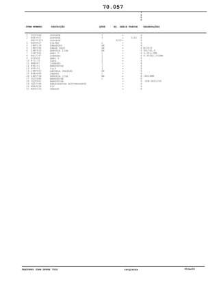 TRATORES JOHN DEERE 7500 CPCQ26568 30Jan02
1
2
3
4
5
6
7
8
9
10
11
12
13
14
15
16
17
18
19
20
21
CQ35246
RE43917
RE152373
RE39527
18M7139
19M7268
24M7026
51M7040
RE12187
R26448
R77175
M84497
R96151
R56101
24M7065
RE46684
24M7038
CQ35466
CQ35467
CQ03768
RE49038
RE56106
SUPORTE
SUPORTE
SUPORTE
FILTRO
PARAFUSO
PARAF SEXT
ARRUELA LISA
ANEL O
CONEXAO
ANEL O
CAPA
CONEXÃO
MANGUEIRA
CLIP
ARRUELA PRESSÃO
TAMPAO
ARRUELA LISA
MANGUEIRA
MANGUEIRA
ABRACADEIRA AUTOTRAVANTE
KIT
SENSOR
1
1
1
AR
AR
AR
1
1
1
2
1
1
2
AR
1
AR
1
5153
5152
7
5
0
0
X
X
X
X
X
X
X
X
X
X
X
X
X
X
X
X
X
X
X
X
X
X
M12X25
9X17X1,6
9,3X2,2MM
9.300X2.200MM
14X24MM
SUB RE51308
70.057
-
-
-
-
-
-
-
-
-
-
-
-
-
-
-
-
-
-
-
-
-
-
ITEM NÚMERO DESCRIÇÃO QTDE OBSERVAÇÕESNO. SÉRIE TRATOR
 