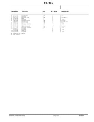 TRATORES JOHN DEERE 7500 CPCQ26568 30Jan02
1
2
3
4
5
6
7
8
9
10
11
12
13
14
14M7140
AL76291
24M7200
DQ28788
DQ32631
19M7744
19M7387
14M7031
12M7067
CQ28543
19M7166
12M7066
CQ28787
CQ32692
CQ25248
CQ32693
PORCA SEXT
BATENTE
ARRUELA LISA
BASE
SUPORTE
PARAFUSO SEXT
PARAF SEXT
PORCA SEXT
ARRUELA PRESSAO
VEDAÇÃO
PARAFUSO SEXT
ARRUELA PRESSAO
SUPORTE
SUPORTE
VEDACAO
SUPORTE
AR
6
AR
1
1
AR
AR
AR
AR
1
CN
AR
1
7
5
0
0
X
X
X
X
X
X
X
X
X
X
X
X
X
X
X
X
M10
22X36X1,5
(A)
M12X35
M12X40 (B)
M12
12MM
M10X20
10MM
(A)
(A)
80.005
(A)
(B)
SOMENTE COM CABINE
SEM CABINE
-
-
-
-
-
-
-
-
-
-
-
-
-
-
-
-
ITEM NÚMERO DESCRIÇÃO QTDE OBSERVAÇÕESNO. SÉRIE
 